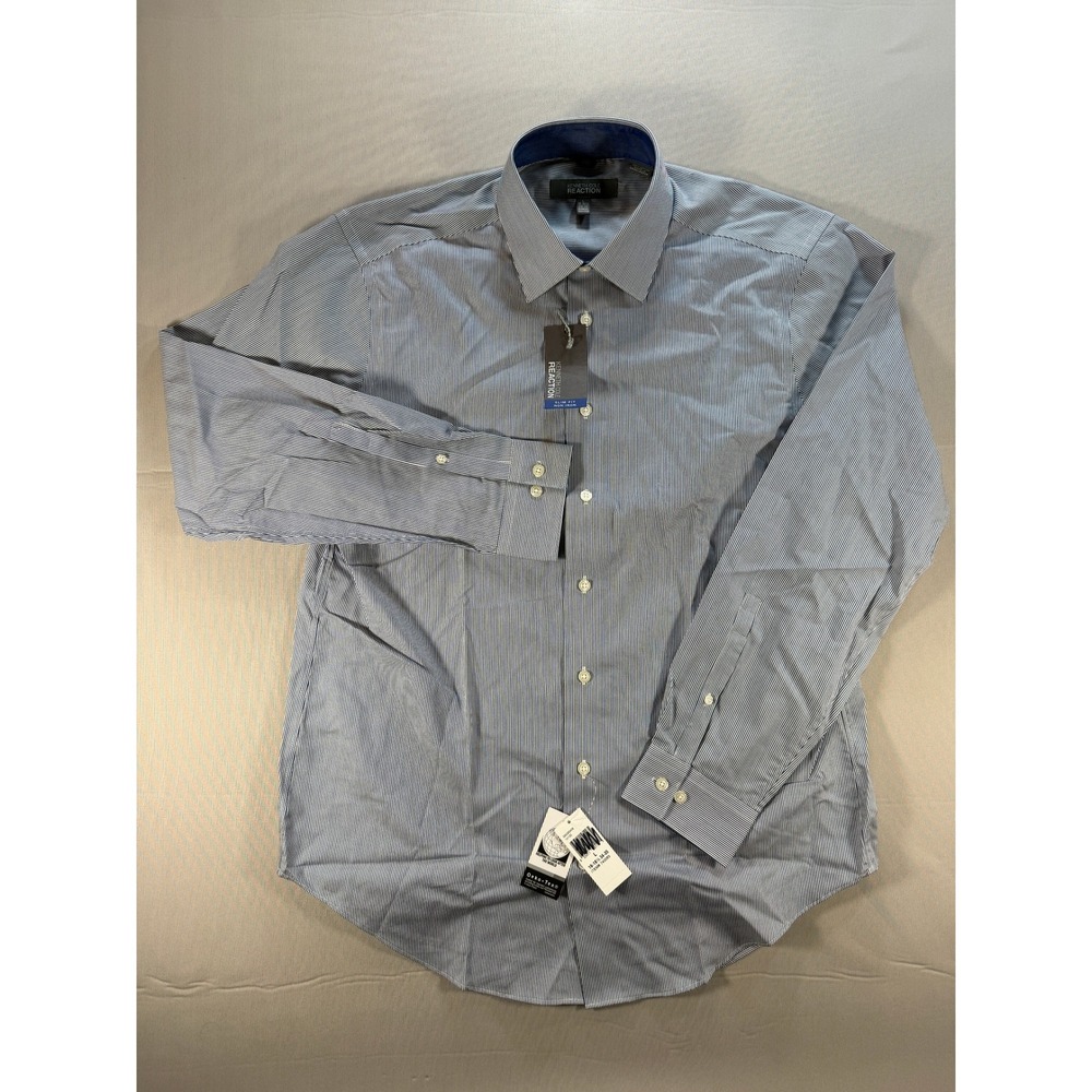 Kenneth Cole Reaction Mens Slim Fit Non Iron Dress Shirt Blue Stripe L 16-16.5
